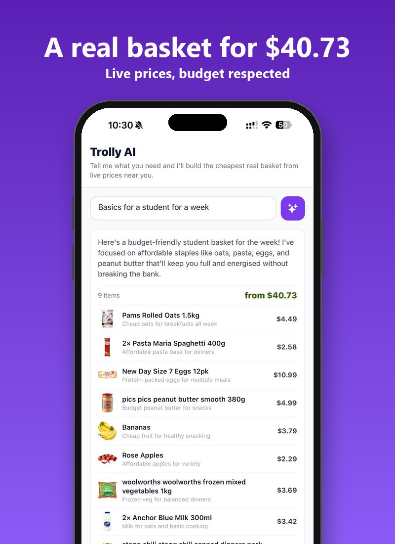 Trolly AI built a 9-item student basket for $40.73 from live prices