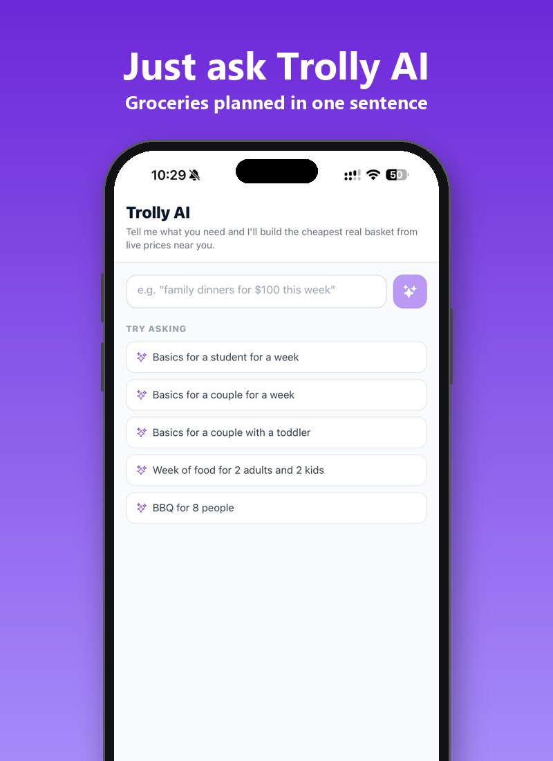 Trolly AI screen with suggestions like basics for a student for a week and BBQ for 8 people