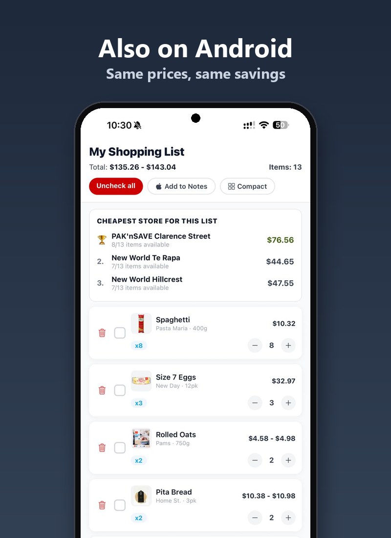 Trolly shopping list on an Android phone showing the cheapest store for the whole list