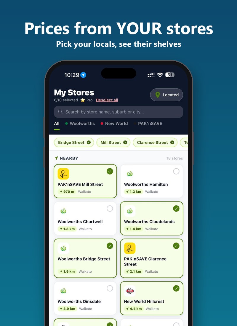 Trolly store picker showing nearby Woolworths, PAK'nSAVE and New World stores